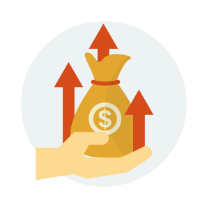 Eine Grafik einer Hand, die einen Geldsack hält, mit Pfeilen nach oben um Geldwachstum zu symbolisieren
